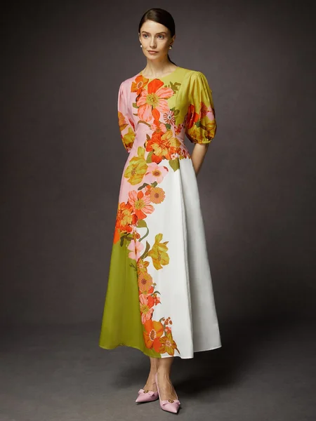 

Puff Sleeve Vacation Crew Neck Floral Midi Dress, As picture, Maxi Dresses