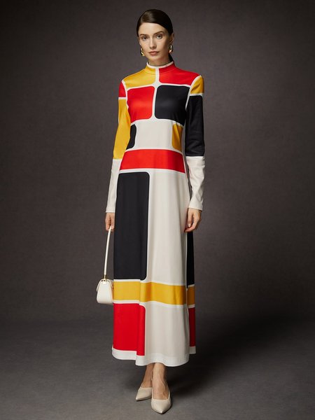 

Elegant Colorblock Stand Collar Maxi Dress, As picture, Maxi Dresses