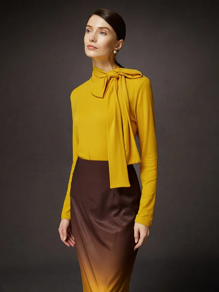 

Elegant Plain Bow Stand Collar Blouse, Yellow, Blouses and Shirts