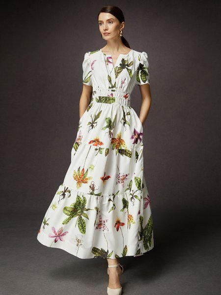 

Elegant Floral V Neck Maxi Dress, As picture, Maxi Dresses