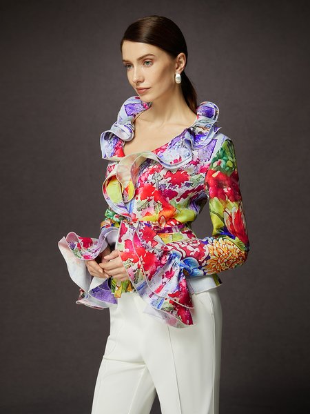 

Ruffle Sleeve Lotus Leaf Collar Elegant Shirt, As picture, Blouses and Shirts