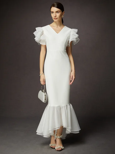 

Elegant Plain Ruffle Sleeve Peplum V Neck Maxi Dress, White, Maxi Dresses