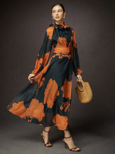 

Loose Lotus Leaf Collar Long Sleeve Elegant Floral Maxi Dress, As picture, Maxi Dresses