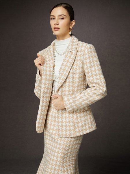 

Elegant Houndstooth Lapel Collar Blazer, As picture, Blazers