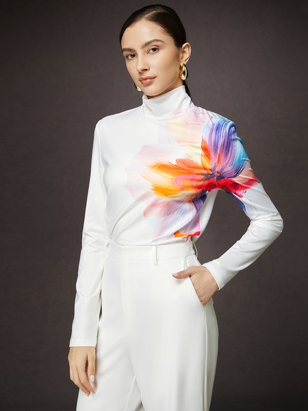 

Casual Floral Stand Collar T-shirt, White, Tees