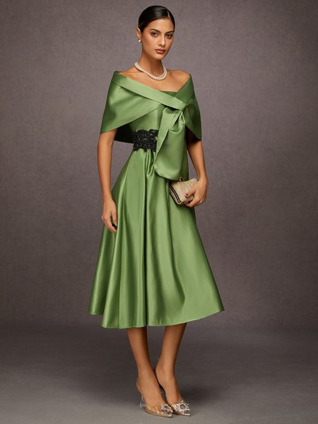 

Elegant Lace Detail Bow Strapless Satin Dress Set, Green, Two-piece Set