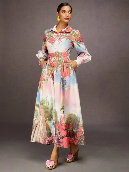 

Elegant Floral Printed Shawl Collar Maxi Dress, As picture, Maxi Dresses