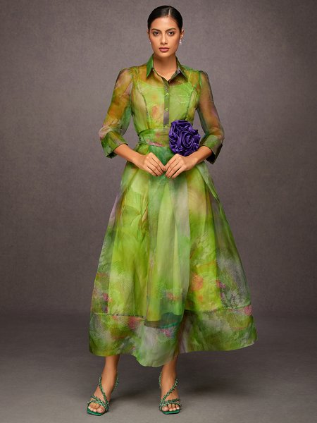 

Elegant Abstract Print Maxi Dress With Floral Belt, Green, Maxi Dresses