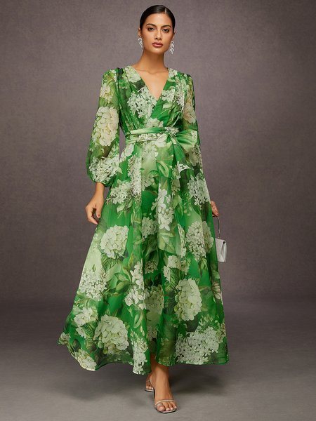 

Elegant Floral Printing V-Neck Maxi Dress, Green, Maxi Dresses