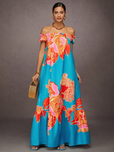 

Vacation Floral Printing Breeze Off-Shoulder Maxi Dress, As picture, Maxi Dresses