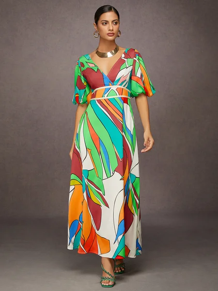 

Vacation Floral V-Neck Maxi Dress, As picture, Maxi Dresses