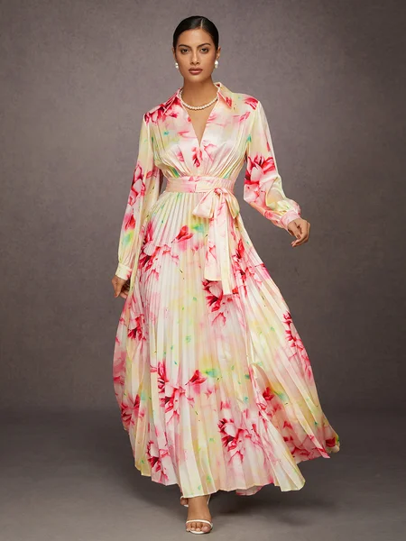 

Elegant Floral Printed Pleated Satin Maxi Dress, As picture, Maxi Dresses