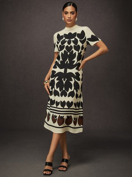 

Casual Floral Printing Crew Neck Midi Dress, Black, Midi Dresses