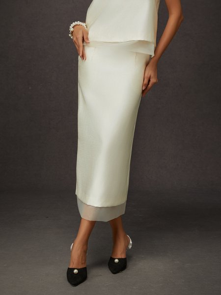 

Elegant Split Joint Plain Midi Skirt, Off white, Skirts