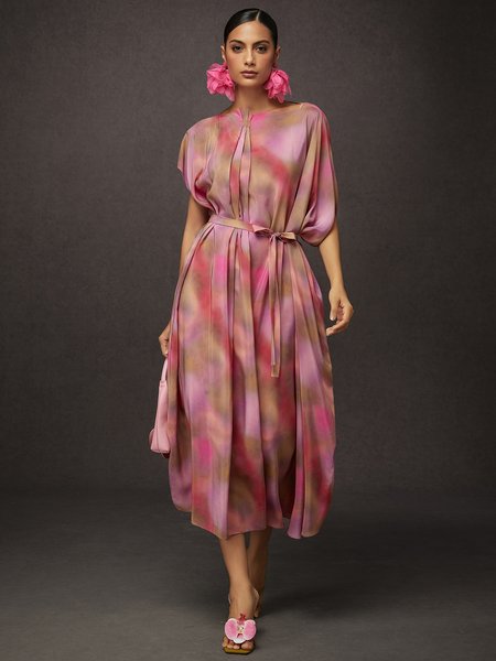 

Vacation Random Print Printing Off The Shoulder Midi Dress With Belt, As picture, Maxi Dresses