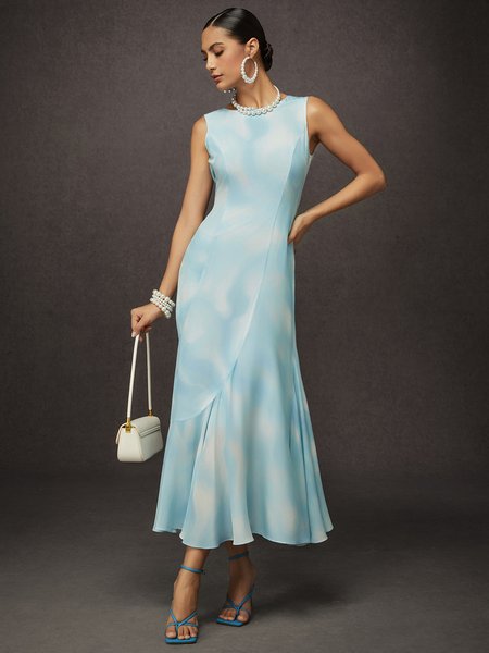 

Elegant Random Print Printing Crew Neck Maxi Dress, Blue, Maxi Dresses
