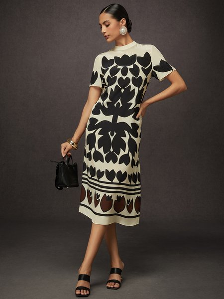 

Casual Floral Printing Crew Neck Midi Dress, Black, Midi Dresses