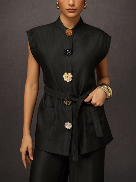 

Urban Buttoned Plain Crew Neck Vest With Belt, Black, Vests and Gilets