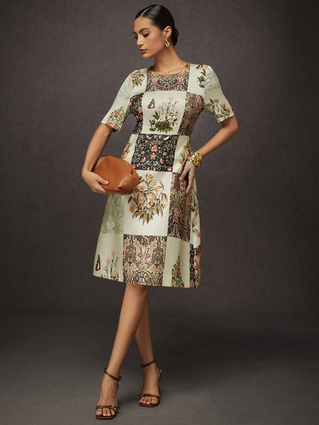 

Casual Random Print Printing Crew Neck Knee Length Dress, As picture, Midi Dresses