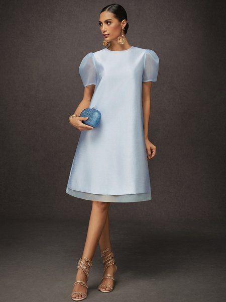 

Elegant Plain Puff Sleeve Split Joint Crew Neck Knee Length Dress, Blue, Midi Dresses