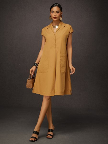 

Cotton Casual Plain Lapel Collar Knee Length Dress, Khaki, Midi Dresses