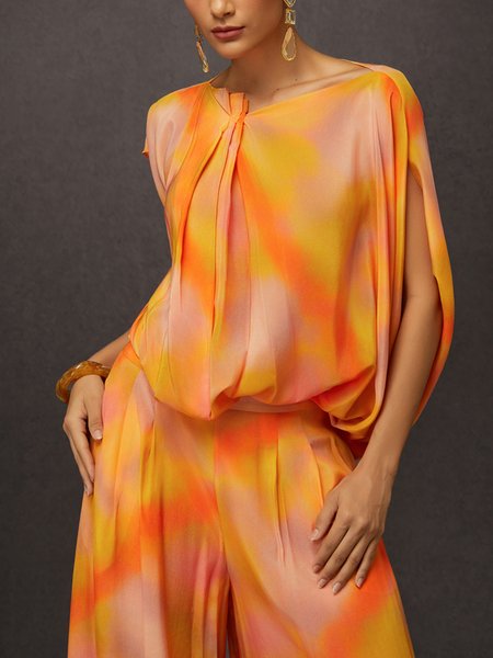 

Elegant Ombre Printing Asymmetrical Raglan Sleeves Blouse, As picture, Blouses and Shirts