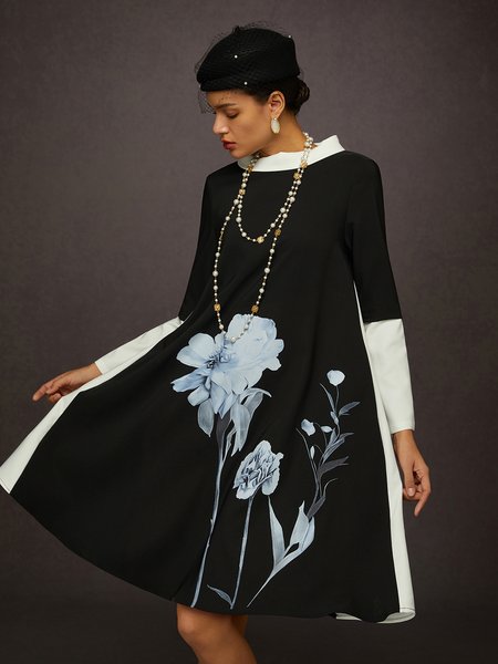 

Urban Floral Printing Crew Neck Knee Length Dress, Black, Midi Dresses