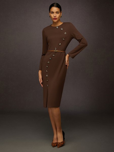 

Elegant Color Block Crew Neck Midi Dress Belt, Brown, Midi Dresses