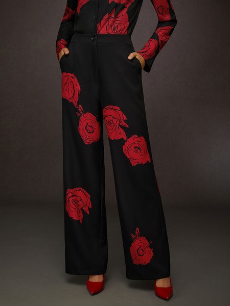 

Elegant Floral Printing Straight Pants, Black-red, Pants