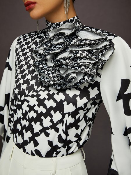 

Elegant Houndstooth Stand Collar Blouse, Black-white, Blouses and Shirts