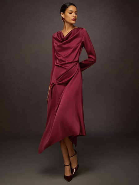Elegant Satin Cowl Neck Asymmetric Maxi Dress