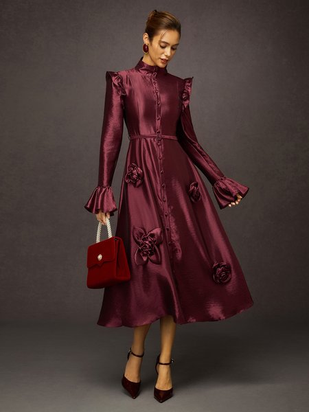 

Elegant 3D Floral Sheer Ruffle Dress - Ethereal Gown for Social Events, As picture, Midi Dresses