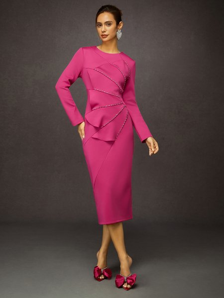 

Elegant Plain Crew Neck Midi Dress, As picture, Midi Dresses