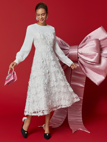 

Elegant Lace Patchwork Dress - Sophisticated Gown for Social Events, White, Midi Dresses