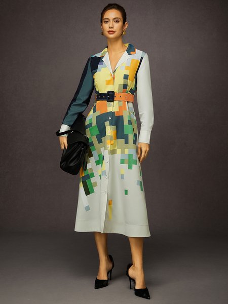 

Cotton Printed Shirt Dress - Versatile Urban Style for Daily Wear, As picture, Midi Dresses