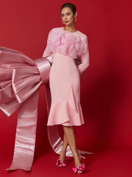 

Elegant Plain 3D Floral Crew Neck Midi Dress, Pink, Midi Dresses