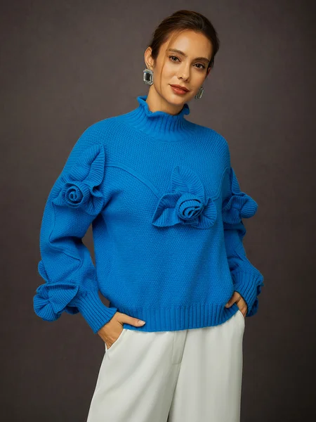 

Versatile 3D Floral Pullover Sweater - Everyday Knit for Social Style, Blue, Sweaters