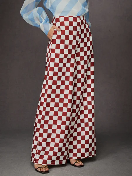 

Urban High-Waisted Checkerboard Wide Leg Trousers, Red, Pants