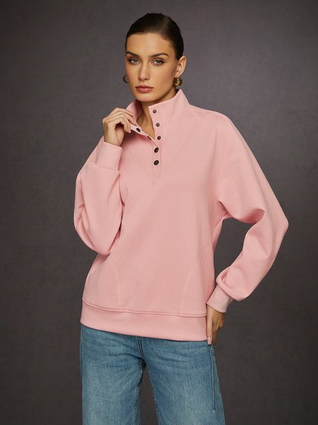

Casual Pink Half-Button Loose Fit Pullover Sweatshirt, Hoodies and Sweatshirts