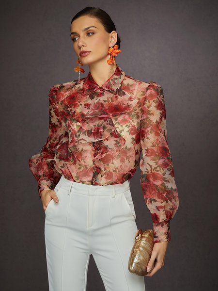 French Romantic Ruffle Rose Print Long Sleeve Blouse