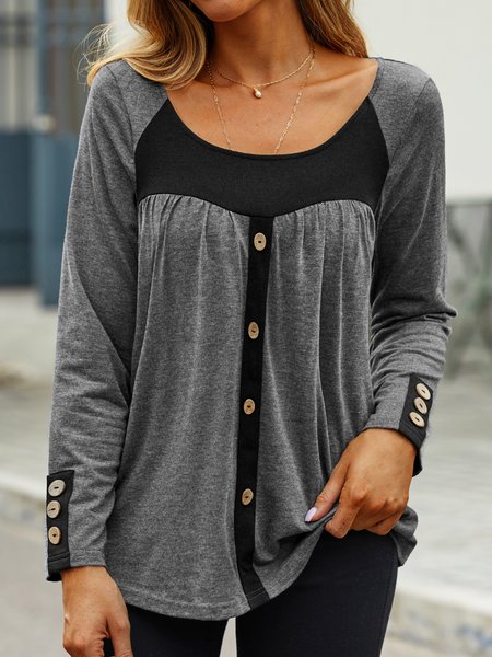 

Color Block Casual Crew Neck Top, Deep gray, Tops