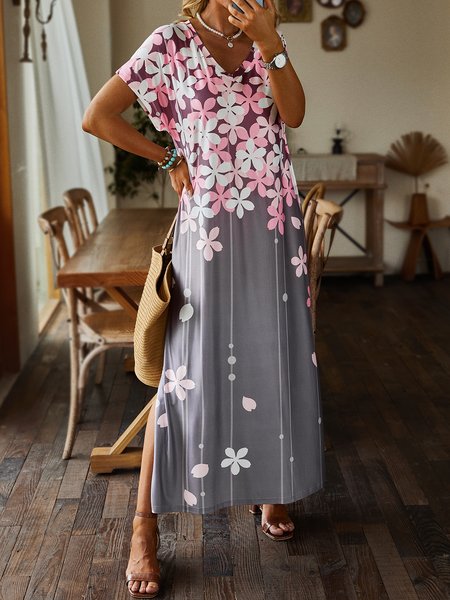 

Casual Floral Short Sleeve V Neck Plus Size Printed Dress, Pink, Maxi