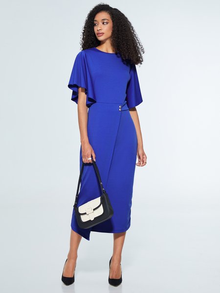 

Frill Sleeve Plain Elegant Midi Dress, Blue, Dresses