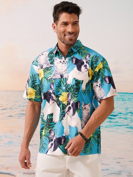 

Plant Dog Chest Pocket Short Sleeve Hawaiian Shirt, Blue, Men Shirts