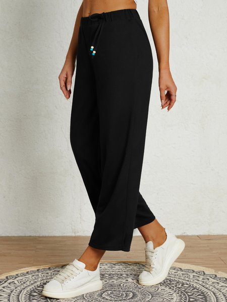

Vacation Casual Loose Soft Solid Elastic Waist Knit Capris Pants, Black, Pants