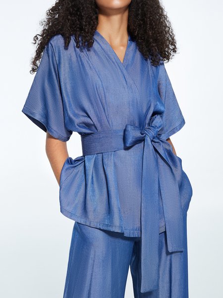 

Short sleeve Daily Cross Neck Elegant Vest, Blue, Outerwear