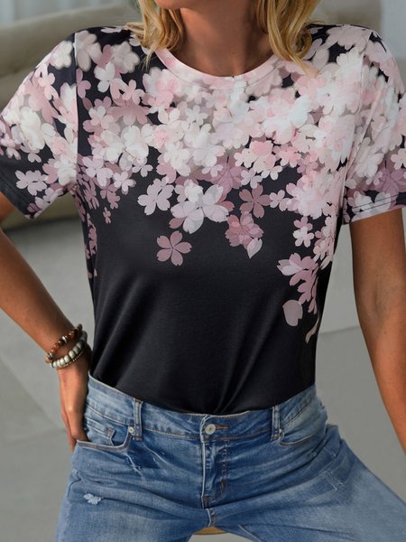 

Crew Neck Floral Cotton Blends Short Sleeve T-Shirt, Pink, T-Shirts