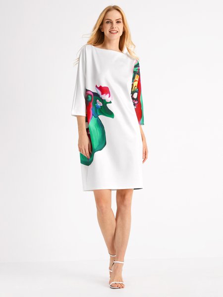 

Abstract Loosen Boat Neck Straight Mini Dress, White, Dresses