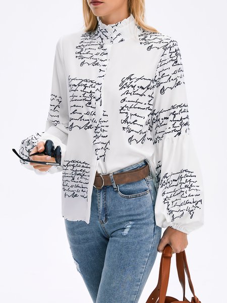 

Stylewe Stand Collar Vintage Letter Top, White, Blouses and Shirts