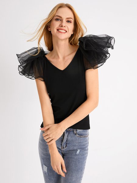 

V Neck Sleeveless Elegant Solid Top, Black, Tops
